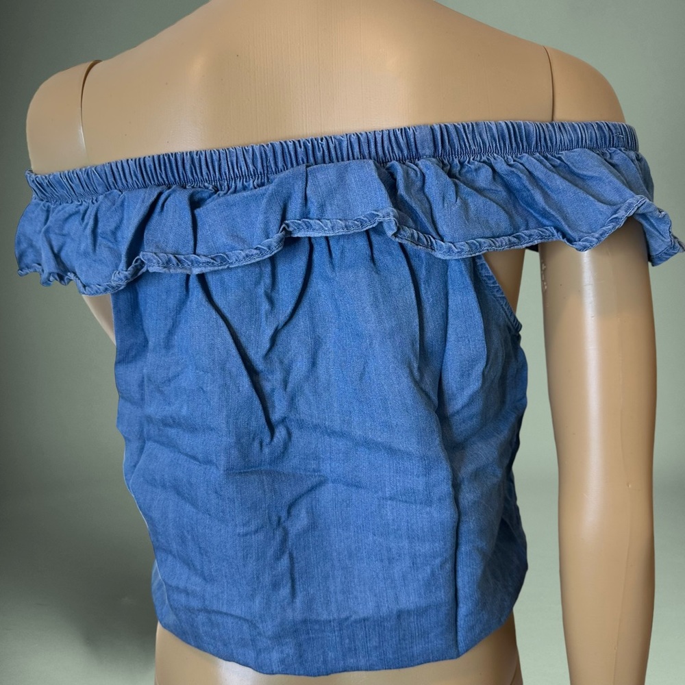 MTH Womens Top Crop Light blue Medium M Off Shoulder sleeveless Neck Ruffle - Picture 2 of 11